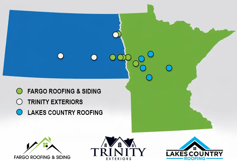 Map of Fargo Roofing, Trinity Exteriors, and Lakes Country Roofing service areas across North Dakota and Minnesota